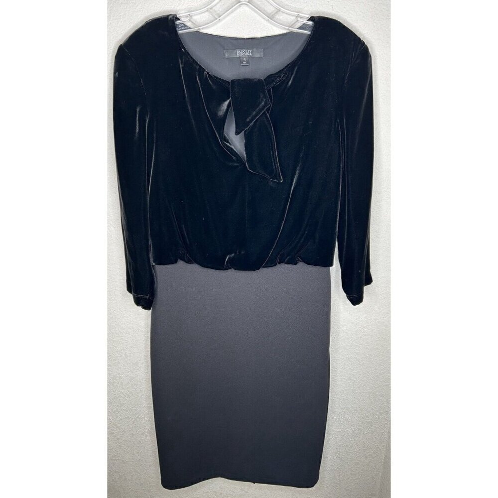Badgley Mischka Dress Size 4 Black Velvet Tie Front Body Con Scuba Skirt Party - Picture 1 of 9